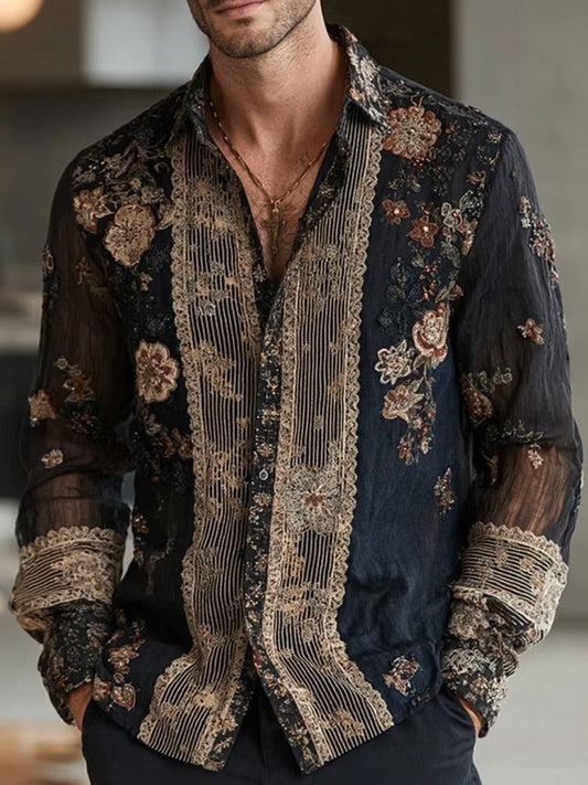 Men's Black Floral Embroidered Mesh Shirt | Luxury Long Sleeve Sheer Party Button-Up | Uroba.shop